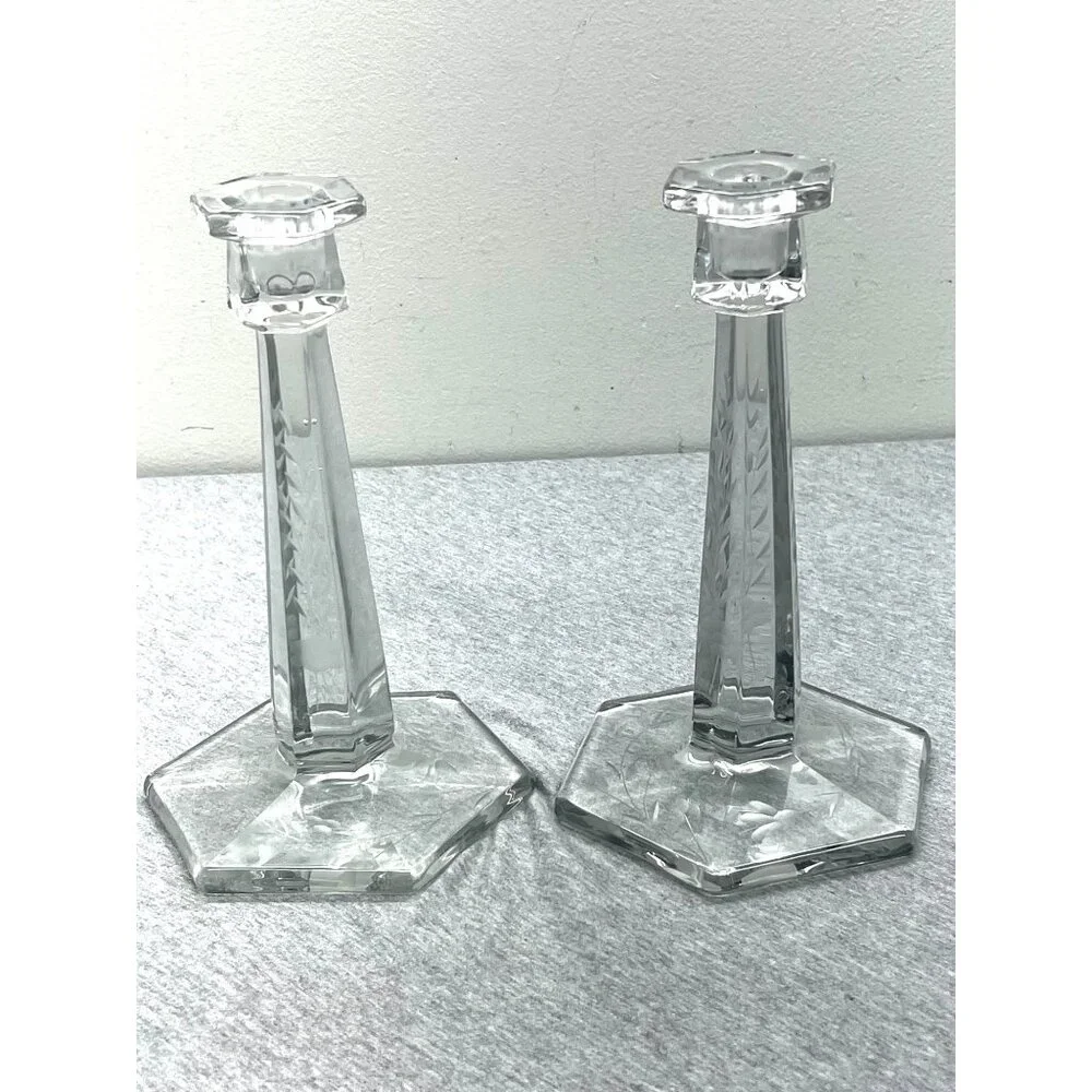 Vintage Clear Etched Glass Octagonal Base Candle Holders Set Of 2 Elegant Design